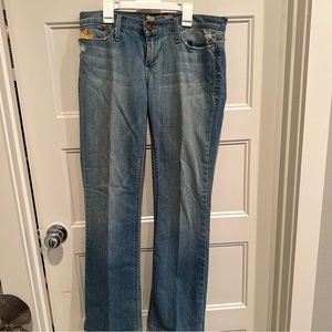 Indie blue denim Embroidered On Back pockets Bootcut leg jeans W28